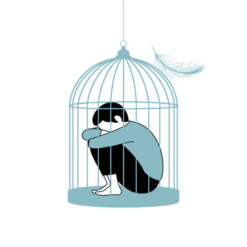 A deeply contemplative figure huddles in a cage, encapsulating the essence of isolation, emotional struggle, and the yearning for freedom amidst personal battles and silence.