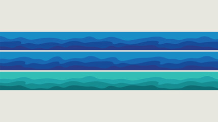 Fototapeta premium Three horizontal bands with wavy patterns in shades of blue and teal on a cream colored background