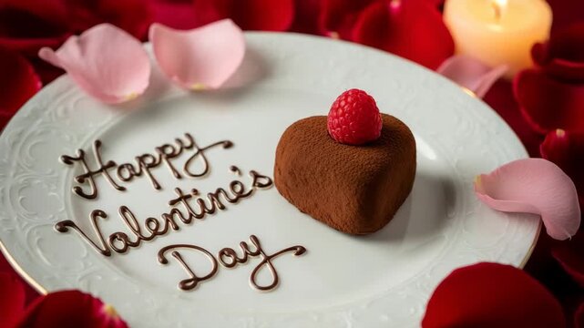 Heart shaped chocolate cake with raspberry and happy valentines day writing around