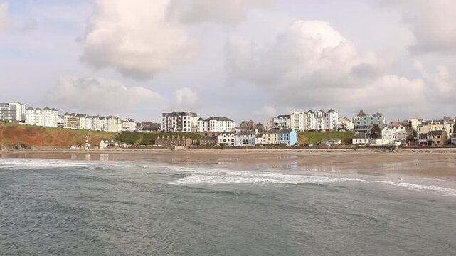 The beach at Port Erin looking towards the shore from the breakwater. Isle of Man. British Isles. UK Autumn. 2025