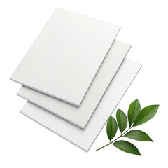 3d stack of white blank canvases with green leaves isolated on transparent background