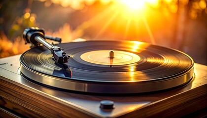A vintage turntable with a vinyl record bathed in warm sunlight