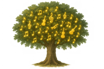 Music tree with glowing musical notes and instruments growing on green leaves, symbolizing harmony and creative sound