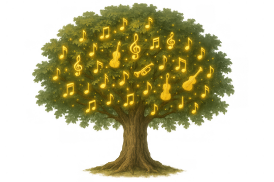 Music tree with glowing musical notes and instruments growing on green leaves, symbolizing harmony and creative sound
