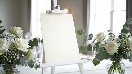 Stunning wedding reception table adorned with gorgeous white roses, accents of eucalyptus, and a versatile easel card for personalized messages