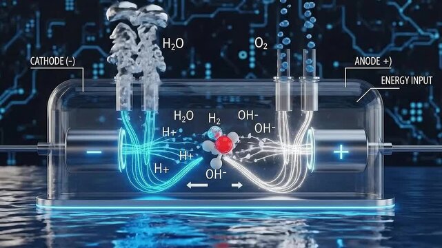 Scientific Animation of Water Electrolysis Process for Hydrogen Production and Renewable Energy Concept Illustration, Cathode Anode Reaction Diagram