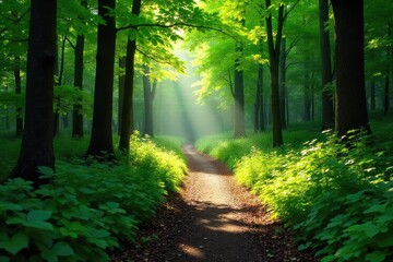 Fototapeta premium Sun-dappled forest path winding through lush green foliage, leading to unseen depths Leaves create a natural canopy overhead, casting shadows and dappled light , path, trunk