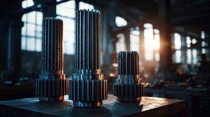 Obraz premium Industrial Gears and Cogs in Workshop with Soft Lighting and Shadow Play on Metal Surface