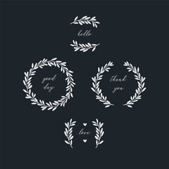 Collection of hand drawn laurels, wreaths and branches.	