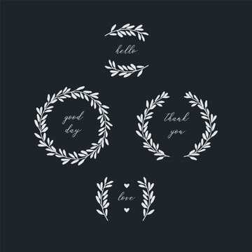 Collection of hand drawn laurels, wreaths and branches.	