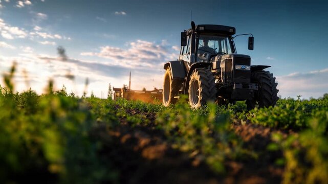 Muddy tires, green leaves, and low sun: a working tractor powers through rows of plants, capturing effort, renewal, and the rhythm of modern sustainable farming