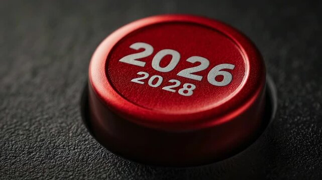 A close-up macro shot of a round red button with the years 2026 and 2028 printed in silver text set against a dark textured surface