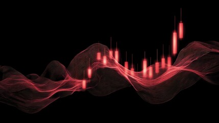 Abstract Stock Market Graph with Red Candlestick Patterns and Flowing Wave Design on Black Background