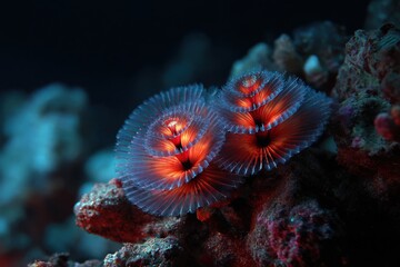 Colorful fan worms thrive on a vibrant coral reef in the Red Sea, showcasing their intricate structure and brilliant colors underwater