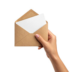 Fototapeta premium 3d hand holding kraft paper envelope with blank card isolated on transparent background