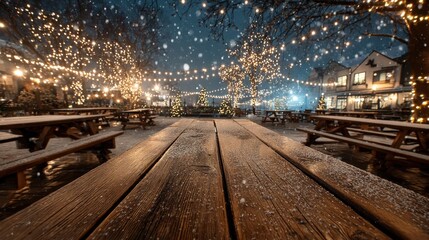 Obraz premium Rustic Outdoor Winter Scene with Snow and String Lights at Night