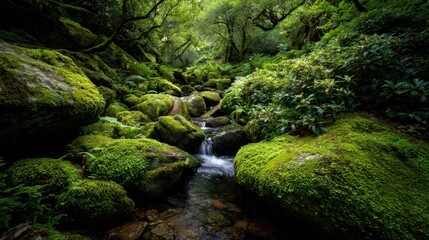 Tranquil Stream Flowing Through Lush Green Forest with Mossy Rocks and Vibrant Foliage