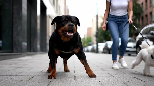 Enraged Rottweiler growling and baring its teeth on a busy urban street. The hostile dog is lunging towards a woman with a tiny poodle on a leash