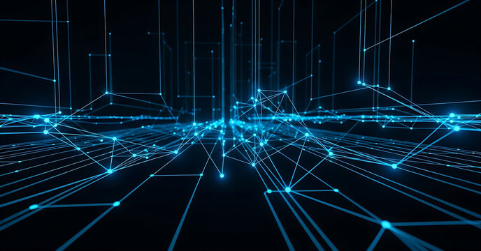 Abstract Digital Network Connection with Glowing Blue Lines and Points Representing Technology and Data Flow - Powered by Adobe