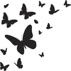 Silhouette of flying butterflies in various sizes scattered dynamic pattern vector illustration showing motion depth minimalist design decorative artwork