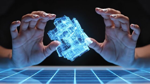 Womans hands manipulating a blue glowing holographic 3d wireframe cube on a digital grid surface. Future technology concept.