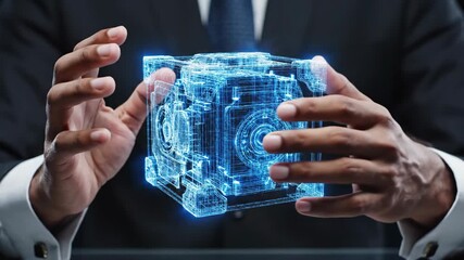 Man holding an evolving blue glowing virtual cube in a digital space. Future technology and advanced data processing concept. - Powered by Adobe