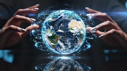 Woman interacting with digital earth hologram, managing global network data. Concept of future technology, connectivity and international business. - Powered by Adobe