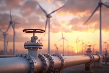 Close up view of a gas pipeline valve with wind turbines in the background during sunset in an energy production area