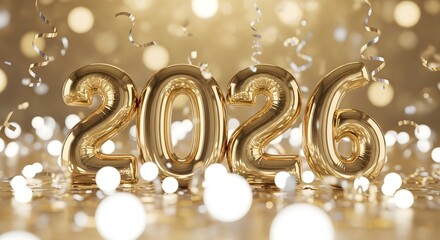 Golden balloon numbers spelling 2026 with confetti for a festive celebration