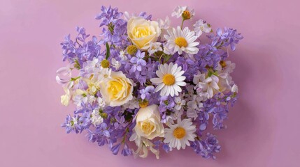 Obraz premium Beautiful Arrangement of Fresh Flowers Featuring Yellow Roses, White Daisies, and Purple Blooms on Soft Pink Background