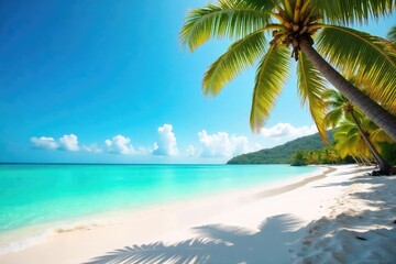 Sun-drenched beach scene with vibrant turquoise water, palm trees swaying gently in the breeze, and soft white sand Perfect for travel, vacation, or summer themes , turquoise, travel, peaceful