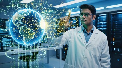 Male scientist interacting with a glowing digital earth in a server room. Data visualization and global connectivity conceptual future technology. - Powered by Adobe