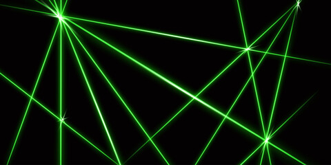 Green intersecting laser beams, glowing stripes. Abstract vector illustration isolated on black background.
