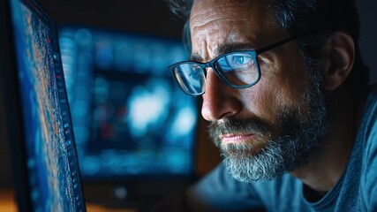 Deep Focus in the Digital Realm: A close-up of a person, engrossed in a monitor, showcasing deep concentration and a determined gaze reflecting the intensity of the digital environment. 