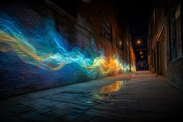 Light painting illuminates a dark alley with vibrant colors and dynamic energy.