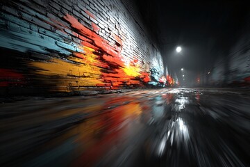 Night Street Scene with Vibrant Graffiti and Motion Blur Effect