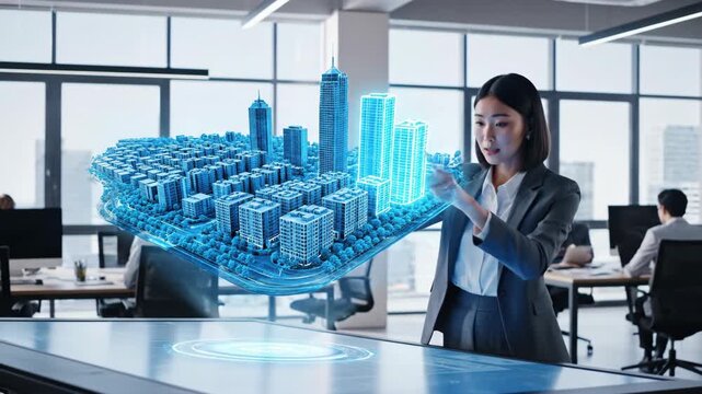 Woman interacting with smart city holographic model. Future urban planning and development with virtual reality technology in modern office. - Powered by Adobe