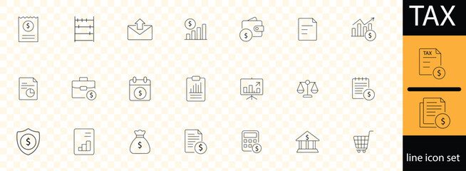 tax refund, tax deduction, payment, tax accounting, calculator, taxpayer, VAT, taxation and more. Outline Icon Collection. Vector illustration.