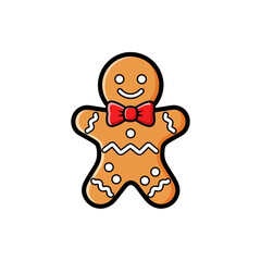 A cheerful gingerbread man with a red bow tie, smiling and decorated with icing.