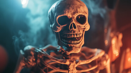 A skeleton with smoke in the background in a dark environment