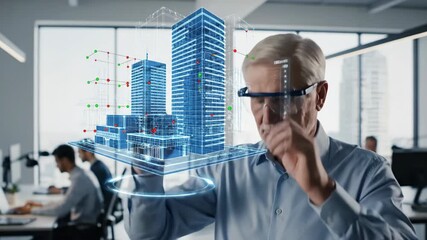 Senior man engineer using augmented reality glasses to manage 3d projection of smart city buildings in innovation office - Powered by Adobe