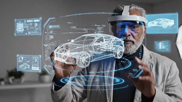 Senior man in cyberspace interaction, analyzing virtual car design data. Holographic automotive engineering and futuristic technology development.
