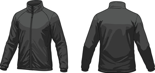 Men’s black zip up jacket front and back view, sport outerwear fashion flat sketch, athletic windbreaker clothing design template © Kartik Creative