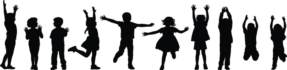 Silhouette of ten children jumping celebrating in dynamic poses vector illustration showing joy happiness childhood energy play education community design