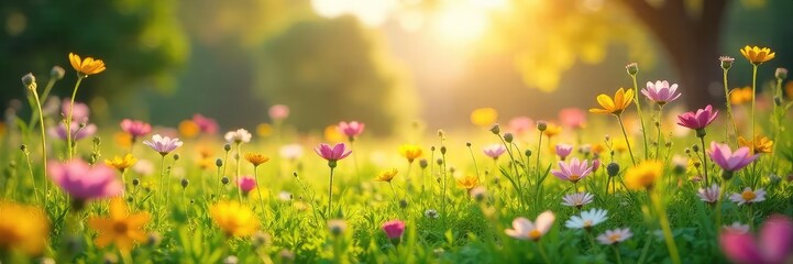 Fototapeta premium Sun-drenched meadow bursting with wildflowers in full bloom, vibrant colors and textures, idyllic springtime scene Perfect for nature, spring, and floral themes , field, growth
