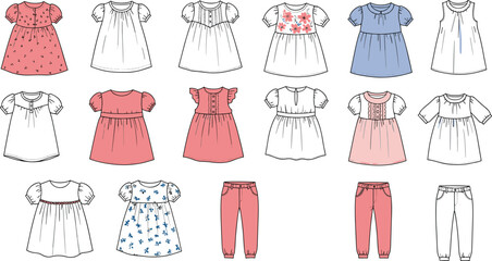 Cute baby girl fashion flat sketches collection, dresses and pants front view, kids clothing design set, pastel color outfit illustration © Kartik Creative