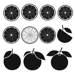 Orange fruit and slice silhouette and line art icons set vector