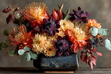 Autumnal Floral Arrangement: A Luxurious Bouquet of Dahlias, Proteas, and Anemones in a Ceramic Vase