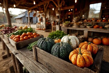 Rustic autumn harvest scene at a farmers market showcasing an abundance of fresh pumpkins and other vegetables.