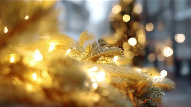 Fir branches decorated with festive lights glowing warmly against a blurred city background with golden bokeh